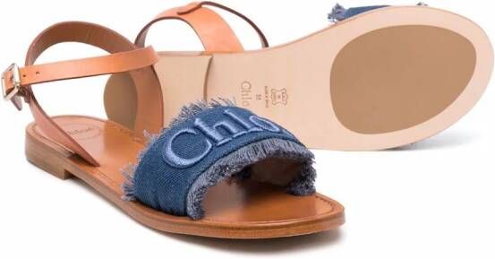Chloé Kids logo-embroidered denim sandals Blue