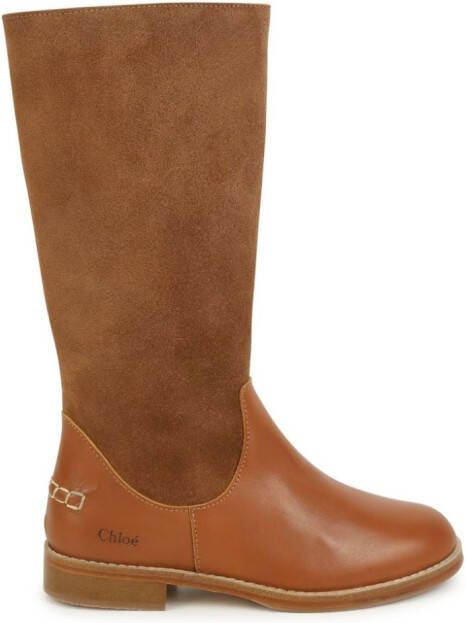 Chloé Kids logo-engraved suede knee-length boots Brown