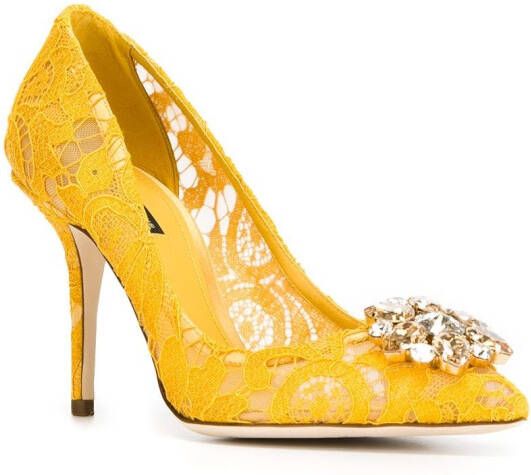 Dolce & Gabbana Rainbow Lace 90mm brooch-detail pumps Yellow
