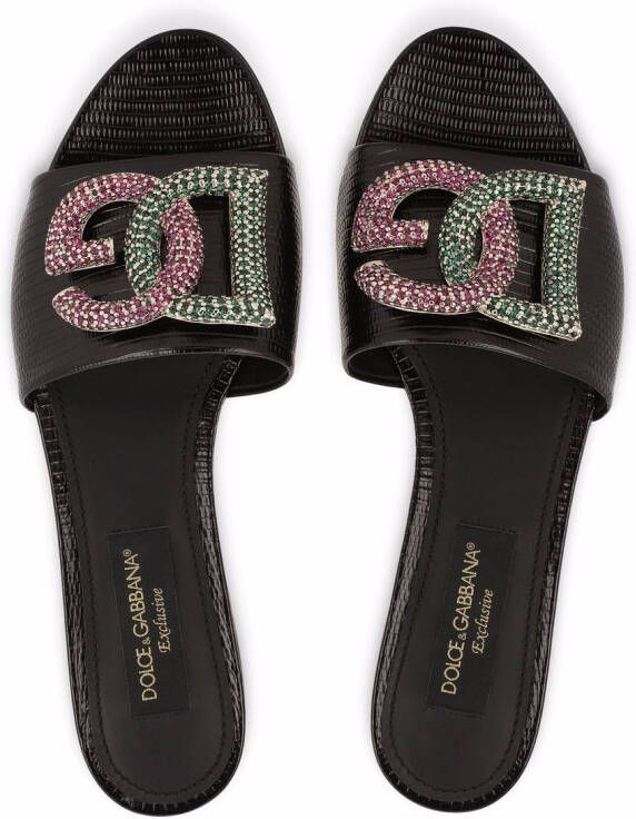 Dolce & Gabbana crystal-logo leather slides Black