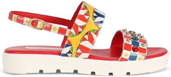 Dolce & Gabbana Kids Carretto-print bejewelled leather sandals Red