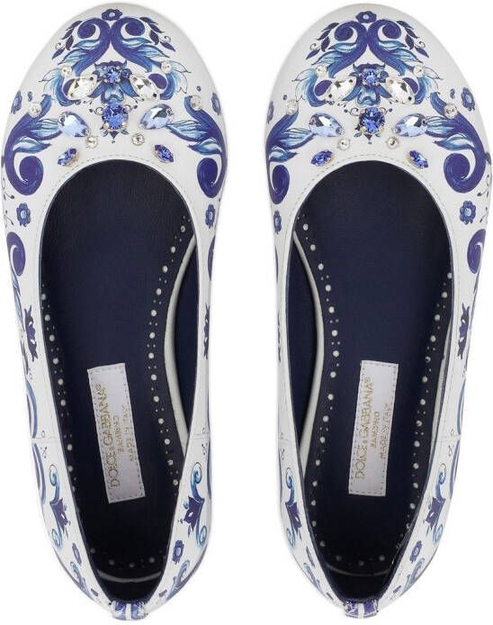 Dolce & Gabbana Kids Majolica-print leather ballerina shoes White