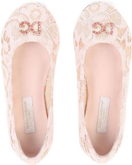 Dolce & Gabbana Kids logo-plaque lace-detail ballerina shoes Pink