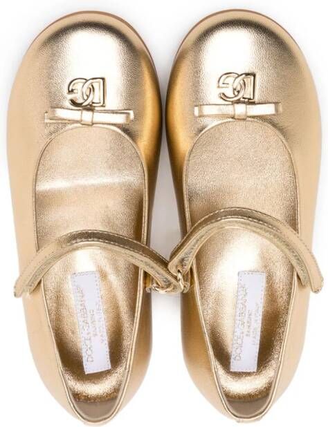 Dolce & Gabbana Kids logo-plaque metallic-leather ballerinas Gold