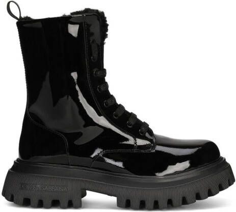 Dolce & Gabbana Kids logo-plaque patent-leather combat boots Black