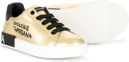 Dolce & Gabbana Kids Portofino laminated logo sneakers Gold