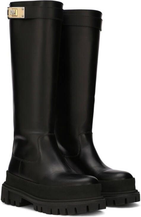 Dolce & Gabbana logo-strap knee-length leather boots Black
