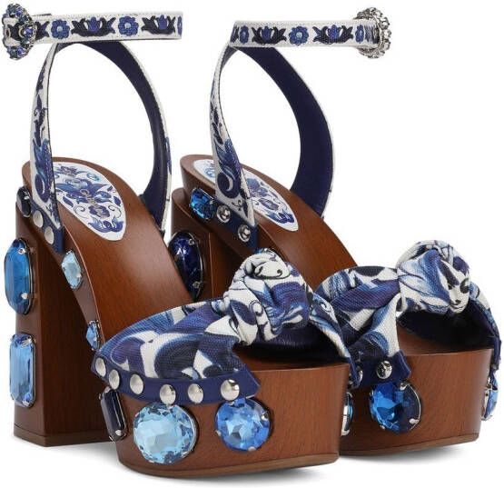 Dolce & Gabbana Majolica-print 90mm embellished wedge sandals Blue