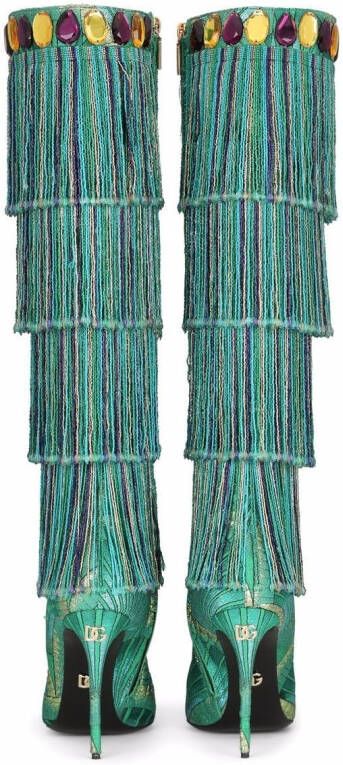 Dolce & Gabbana metallic-threading fringed knee-high boots Green