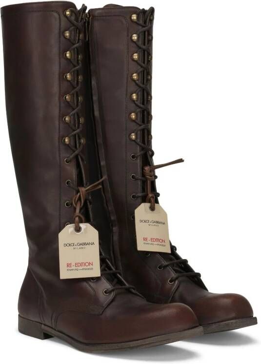 Dolce & Gabbana logo-tag lace-up leather boots Brown
