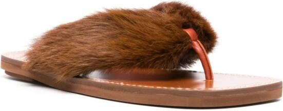 DRIES VAN NOTEN fur-trim leather flip flops Brown