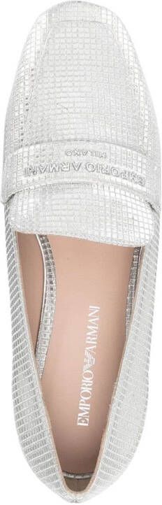 Emporio Armani logo-embroidered leather ballerina shoes Silver