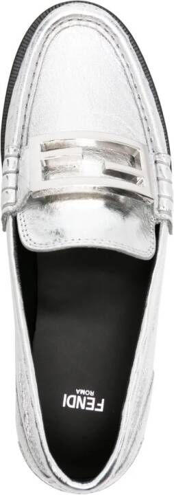 FENDI Baguette metallic leather loafers Silver