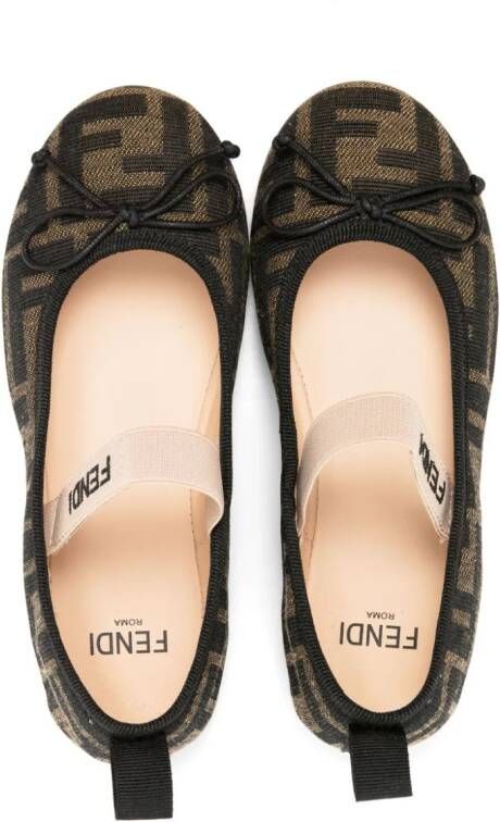 Fendi Kids FF-pattern logo-tape ballerina shoes Brown