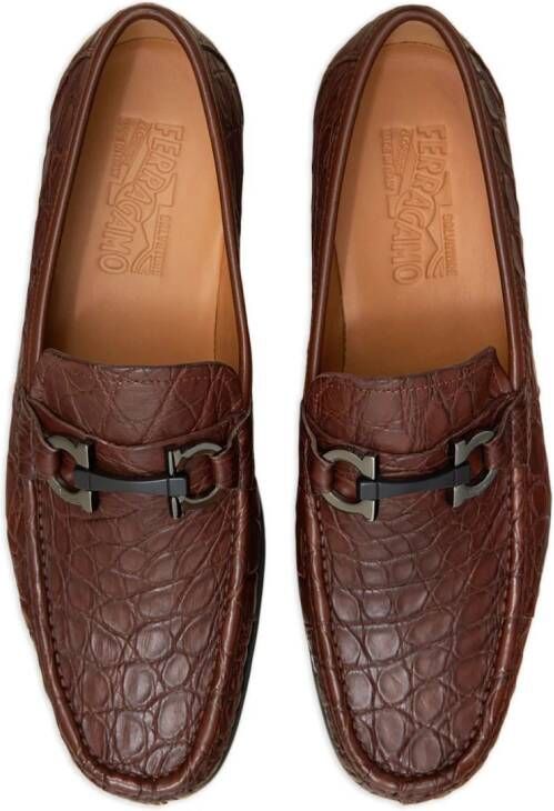 Ferragamo Gancini-ornament embossed-crocodile loafes Brown