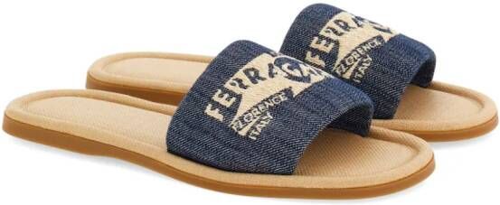 Ferragamo logo-embroidered denim slides Blue