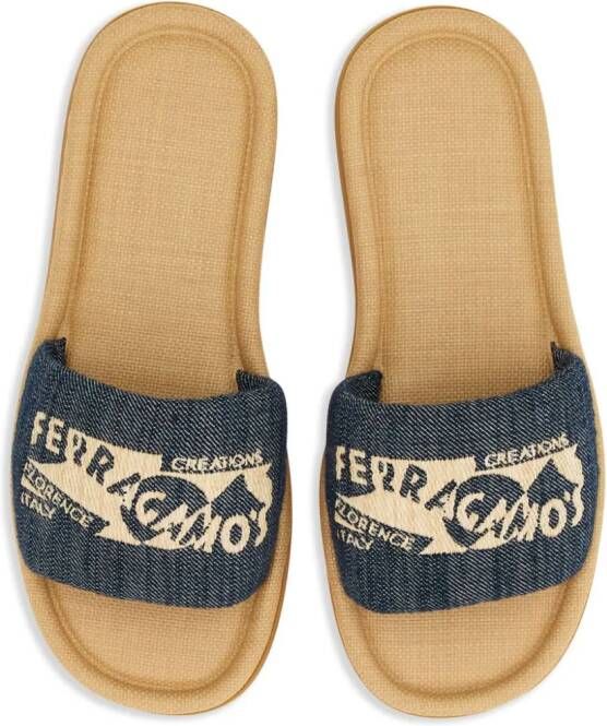 Ferragamo logo-embroidered denim slides Blue