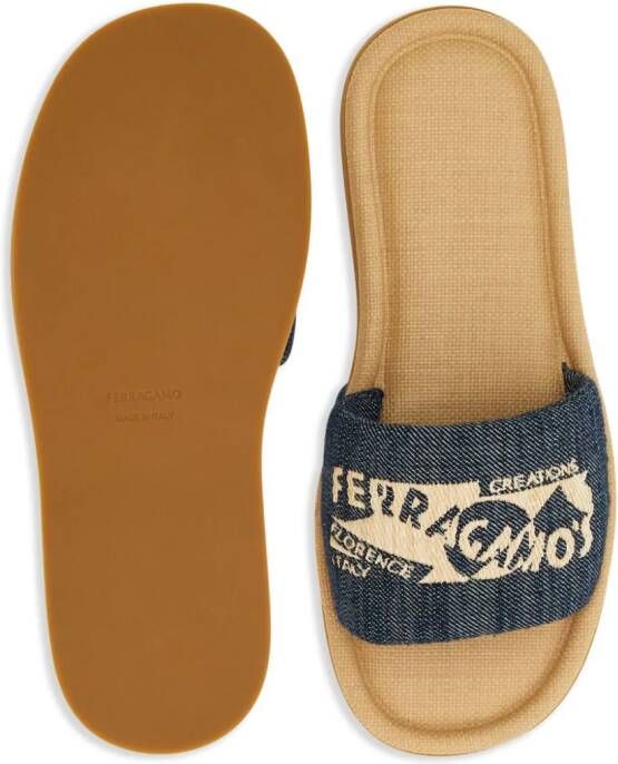 Ferragamo logo-embroidered denim slides Blue