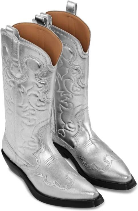 GANNI 40mm metallic leather Western boots Silver