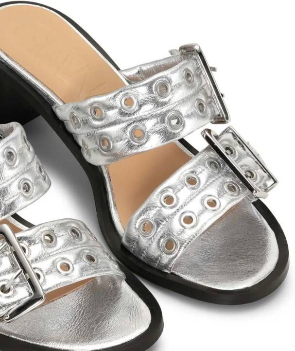 GANNI buckled leather mules Silver