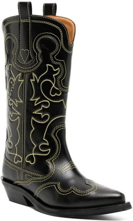 GANNI contrast-stitch leather cowboy boots Black