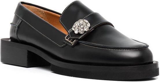 GANNI crystal-button leather loafers Black