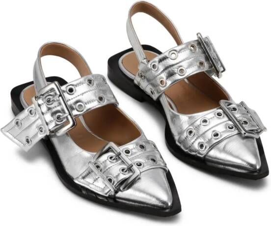 GANNI double-buckled metallic-effect ballerina shoes Silver