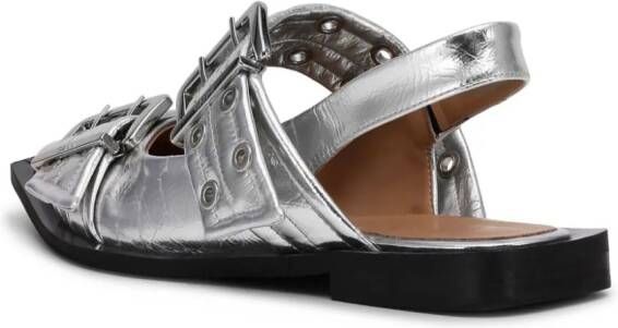 GANNI double-buckled metallic-effect ballerina shoes Silver