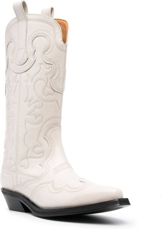 GANNI 40mm embroidered mid-calf western boots White
