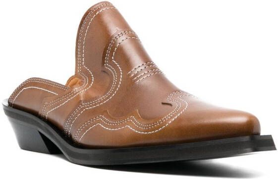 GANNI Embroidered Western 40mm leather mules Brown