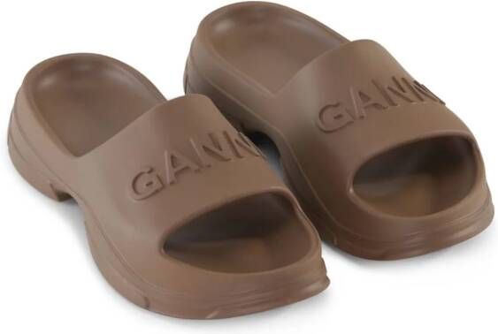 GANNI logo-embossed platform slides Brown