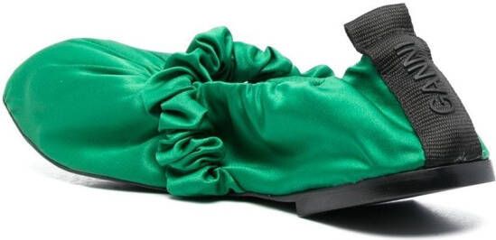 GANNI Scrunchie satin ballerina shoes Green