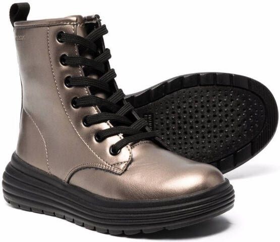 Geox Kids metallic effect lace-up combat boots Brown