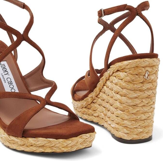 Jimmy Choo 110mm Ayla raffia wedged sandals Brown