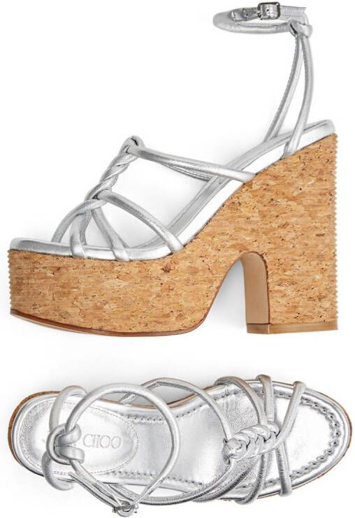 Jimmy Choo Clare 130mm metallic leather wedge sandals Silver