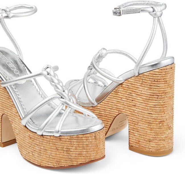 Jimmy Choo Clare 130mm metallic leather wedge sandals Silver