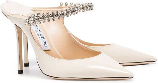 Jimmy Choo linen white Bing 100 crystal anklet patent leather mules Neutrals
