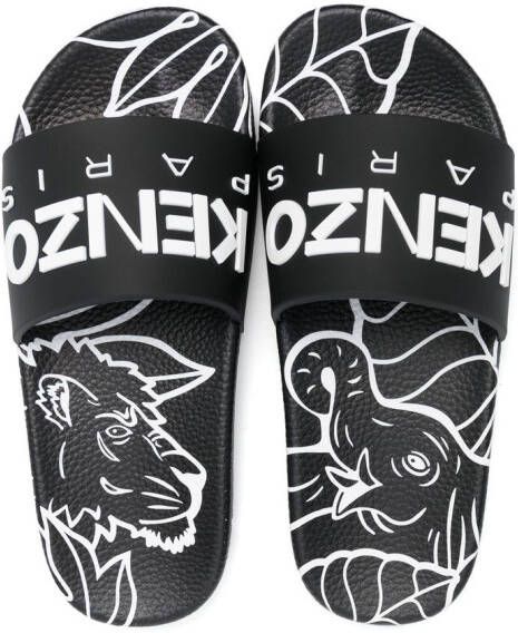 Kenzo Kids all-over print logo slippers Black