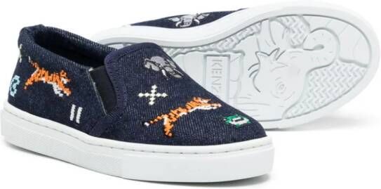 Kenzo Kids Jungle Game pixel-embroidered canvas sneakers Blue