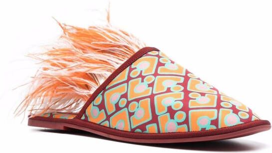 La DoubleJ Boudoir feather-trim slippers Red