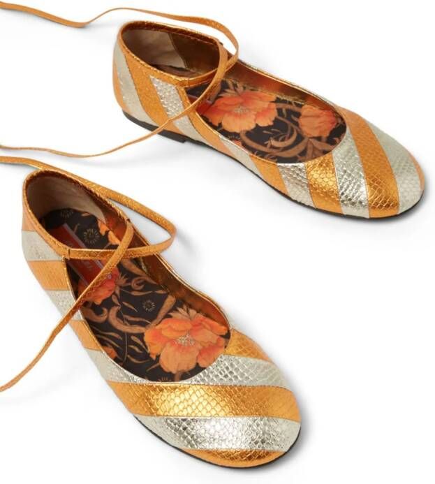 La DoubleJ striped metallic-effect ballerina shoes Orange