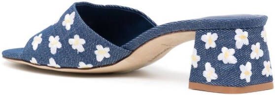 Larroude floral-embroidered 50mm leather mules Blue
