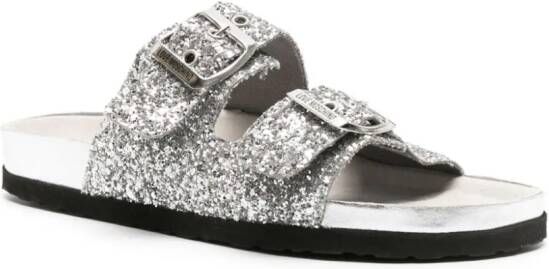 Love Moschino glitter-detail double-buckle slides Silver