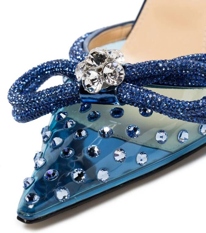 MACH & MACH Double Bow 100mm crystal-embellished mules Blue