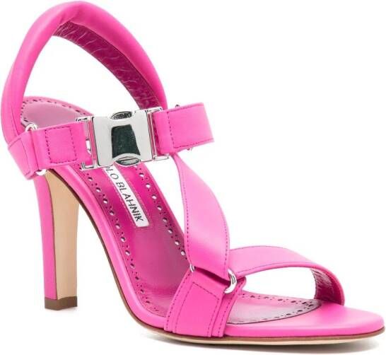 Manolo Blahnik military-buckle 95mm leather sandals Pink