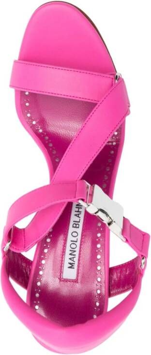 Manolo Blahnik military-buckle 95mm leather sandals Pink