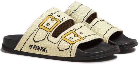 Marni buckle-print double-strap slides Neutrals