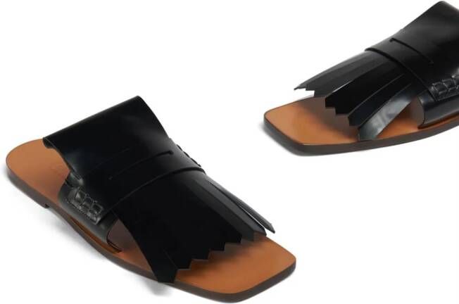 Marni fringed leather flat sandals Black