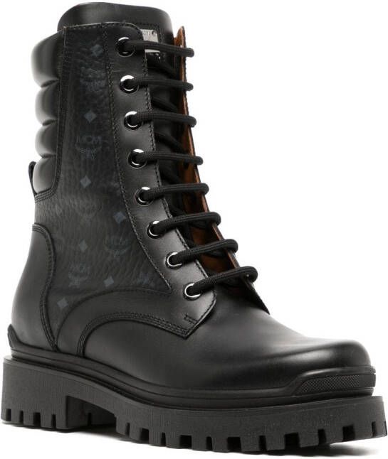 MCM Visetos-print leather lace-up boots Black