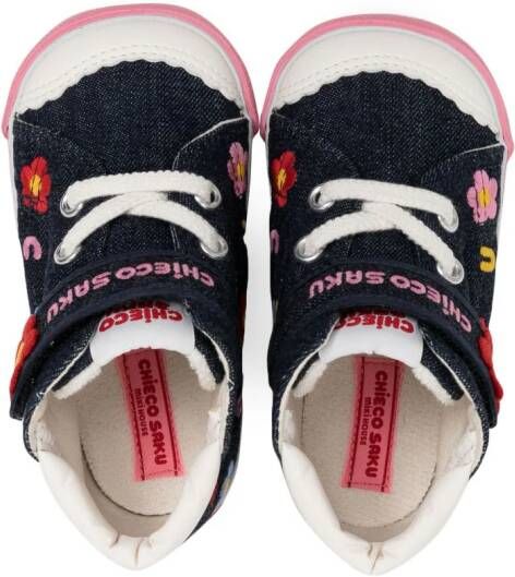 Miki House floral-embroidered denim sneakers Blue